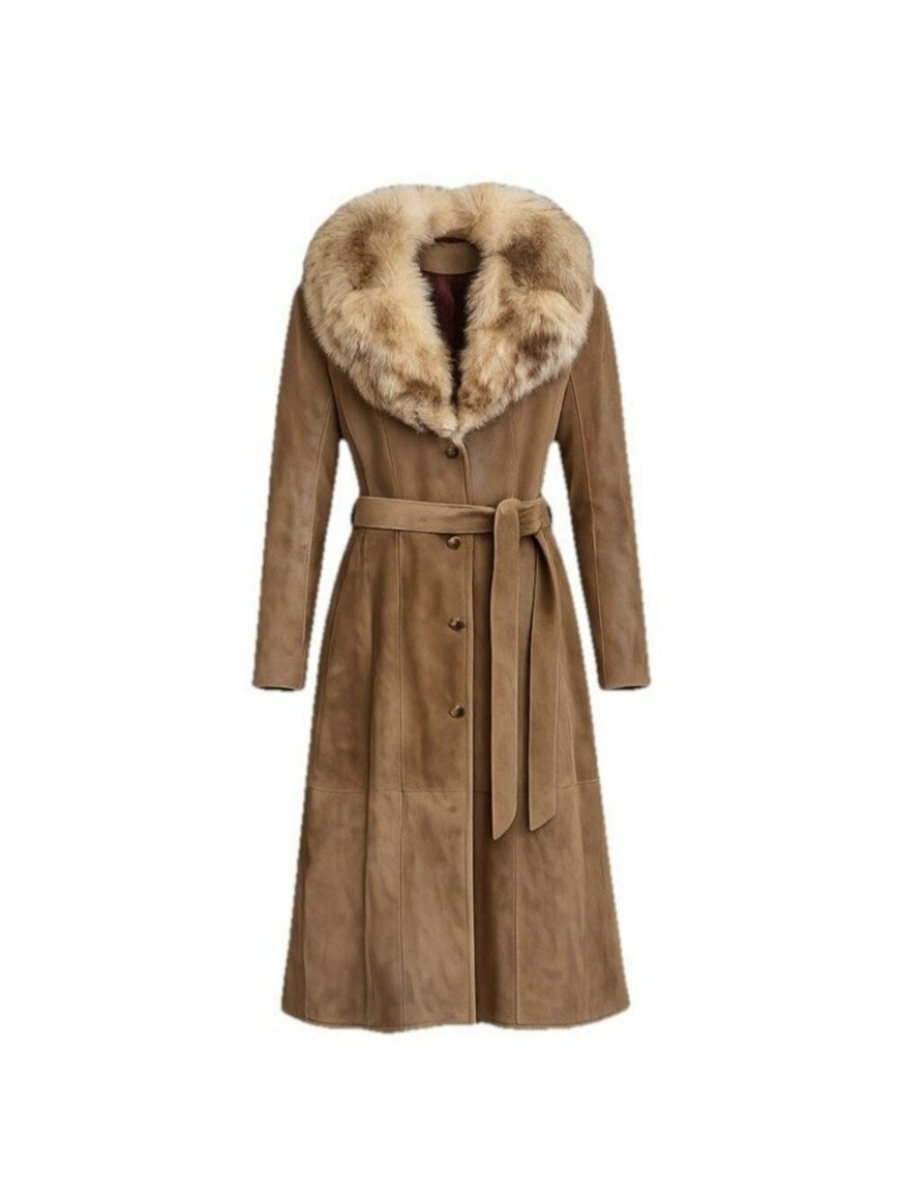 Vintage Womens Small Suede Leather Maxi Coat Fur Collar Long Belted Taupe